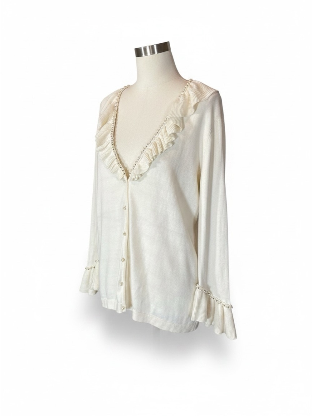 Ivory Y2K Coquette Style Ruffle-Trim Button Front Women's Cardigan Sweater NWT